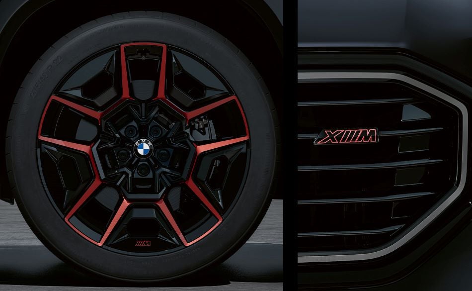 Detailed images of exclusive 22” M Wheels with red accents and XM badging on Illuminated Kidney Grille. in Tom Bush BMW Orange Park | Jacksonville FL
